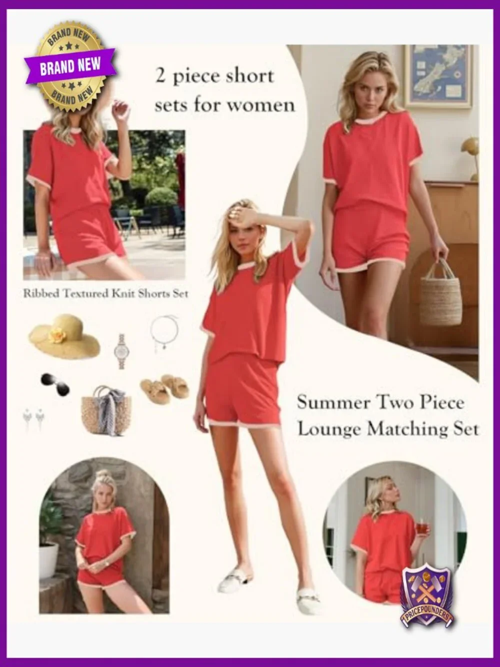 Women 2 Piece Shorts Set Ribbed Lounge Matching Outfits Crewneck Short Sleeve
